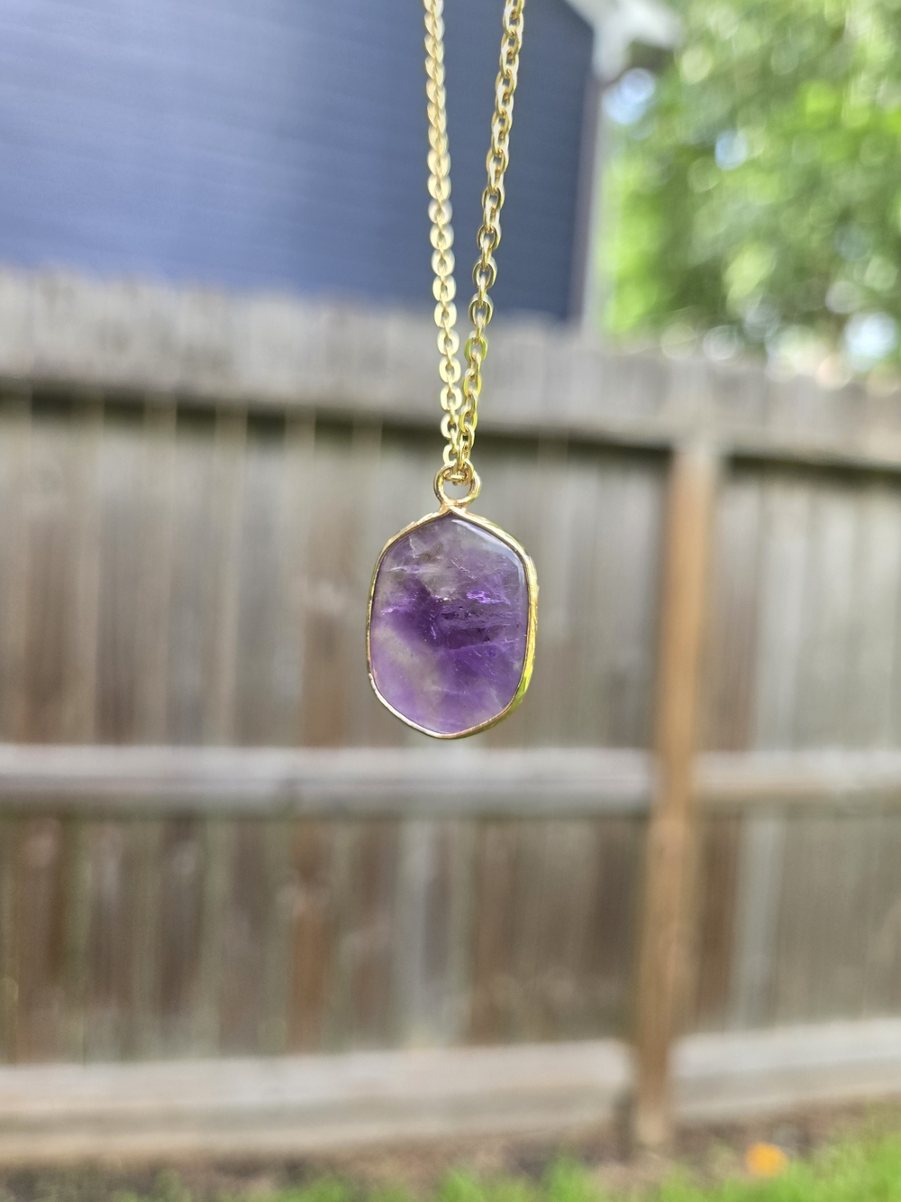 Gold Tone Necklace with Purple Amethyst Pendant - Women's Jewelry